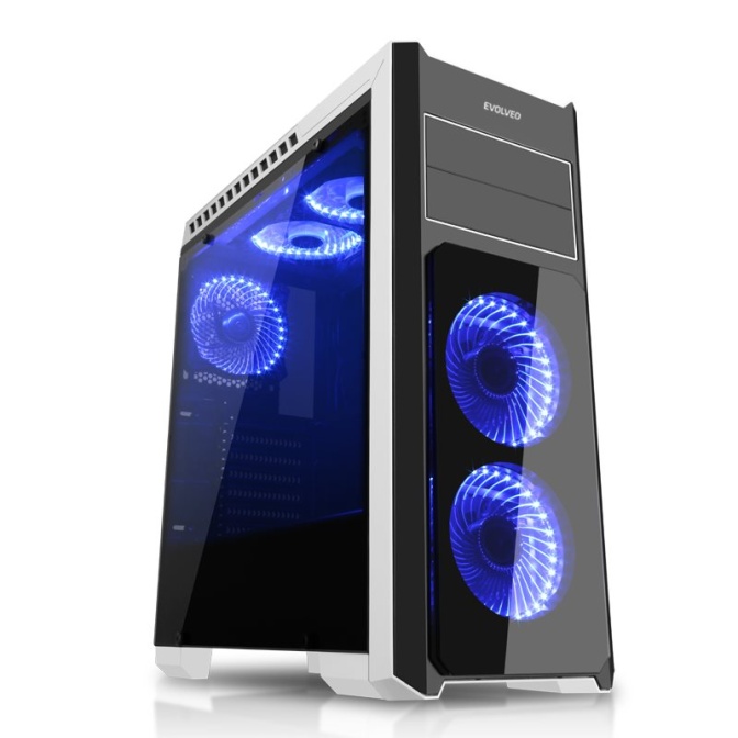 EVOLVEO Ray 4, case full ATX midi tower, 5x 120mm, 2x USB2.0, 1x USB3.0, tvrzené sklo černo modrý design
